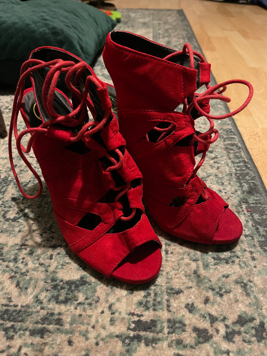 Worn Misguided Sexy Red Lace Up Heels